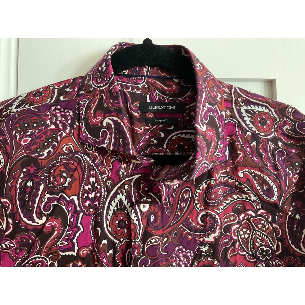 Bugatchi Mens Purple Paisley Long Sleeve Button Down Shaped Fit Shirt 22 PTP